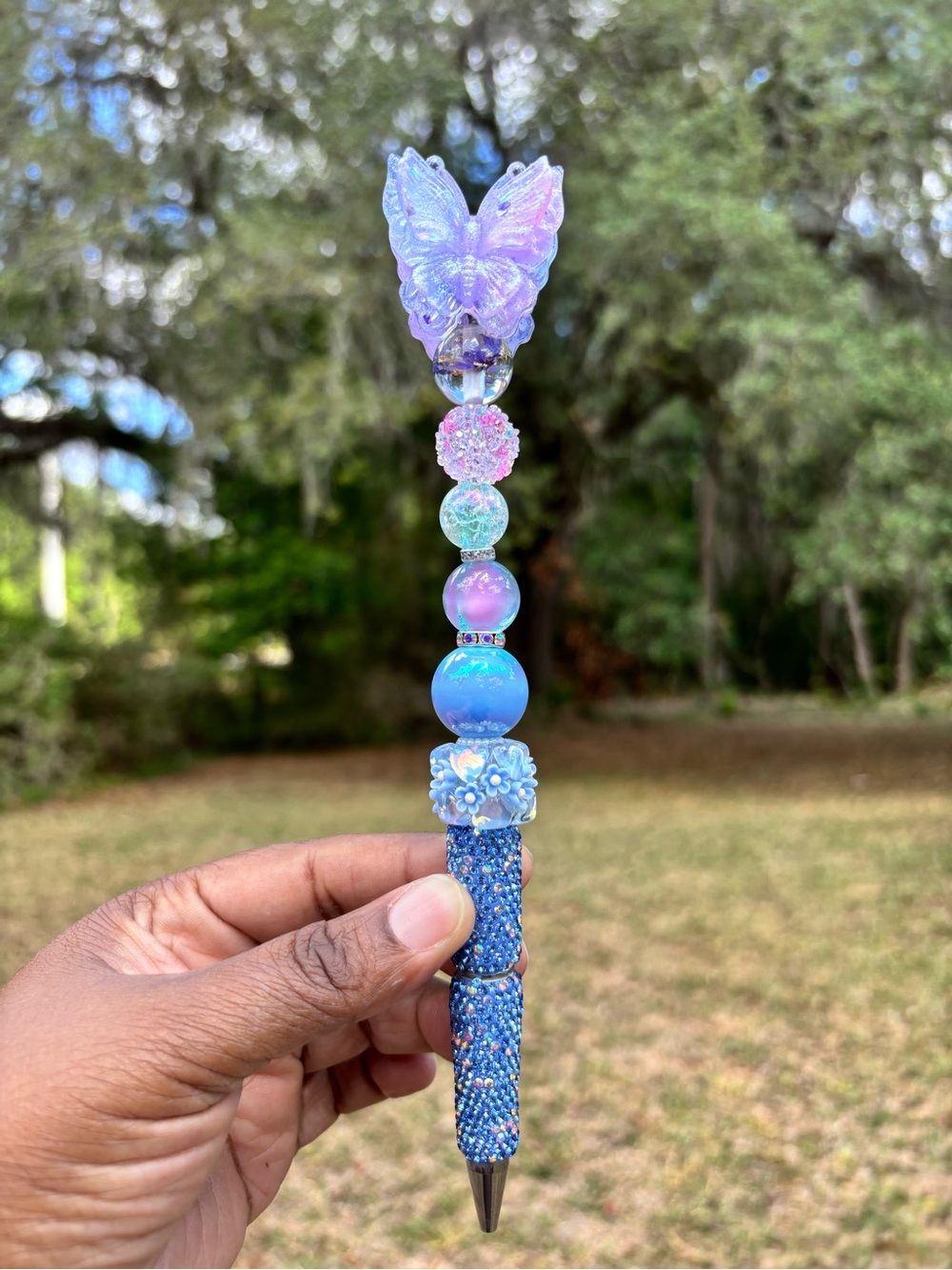 Handcrafted Rhinestone Iridescent Butterfly Beaded Pen in Lavender and Blue